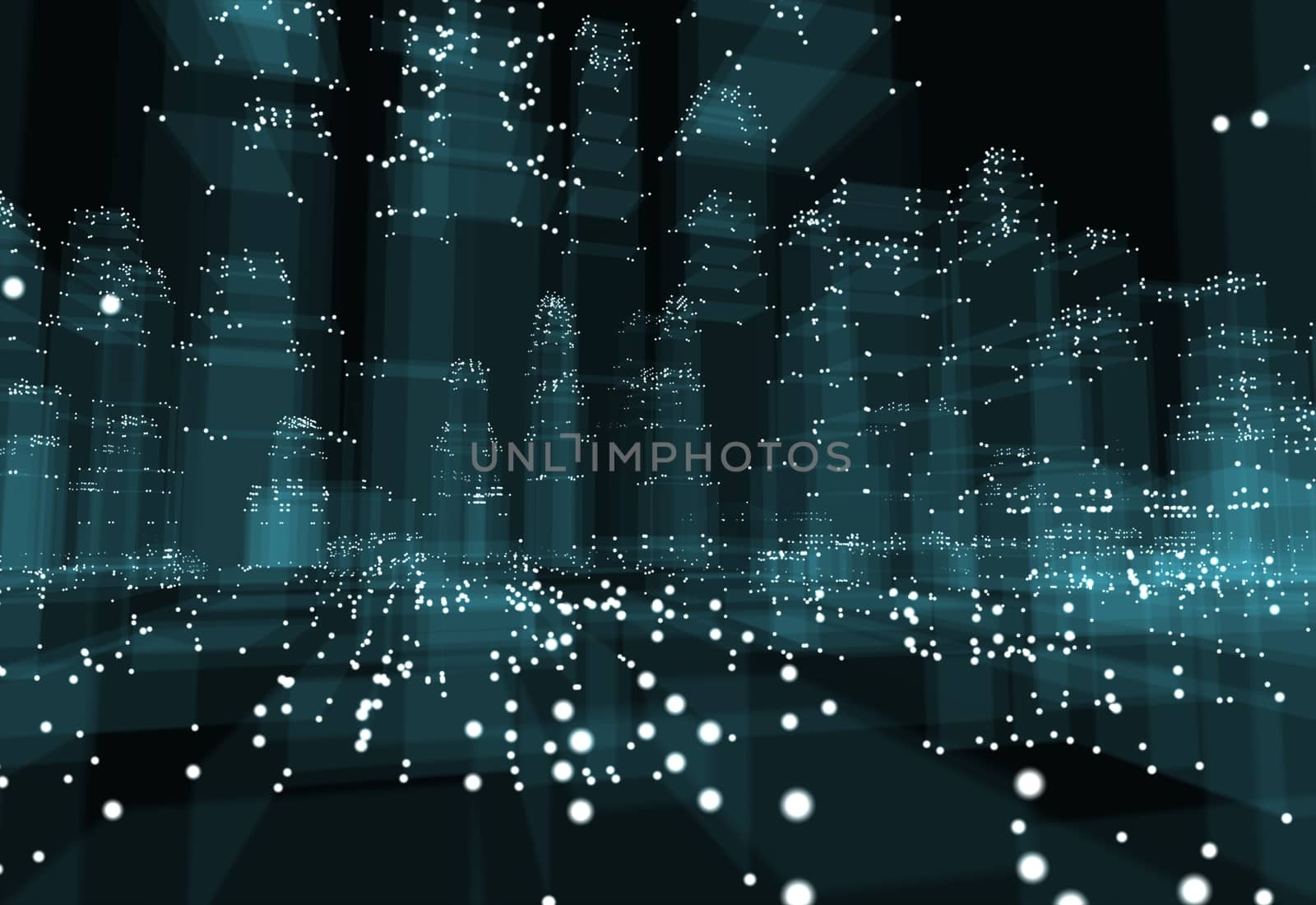 Abstract 3d city with dots and blue buildings. Technology and connection concept. 3d illustration on black background