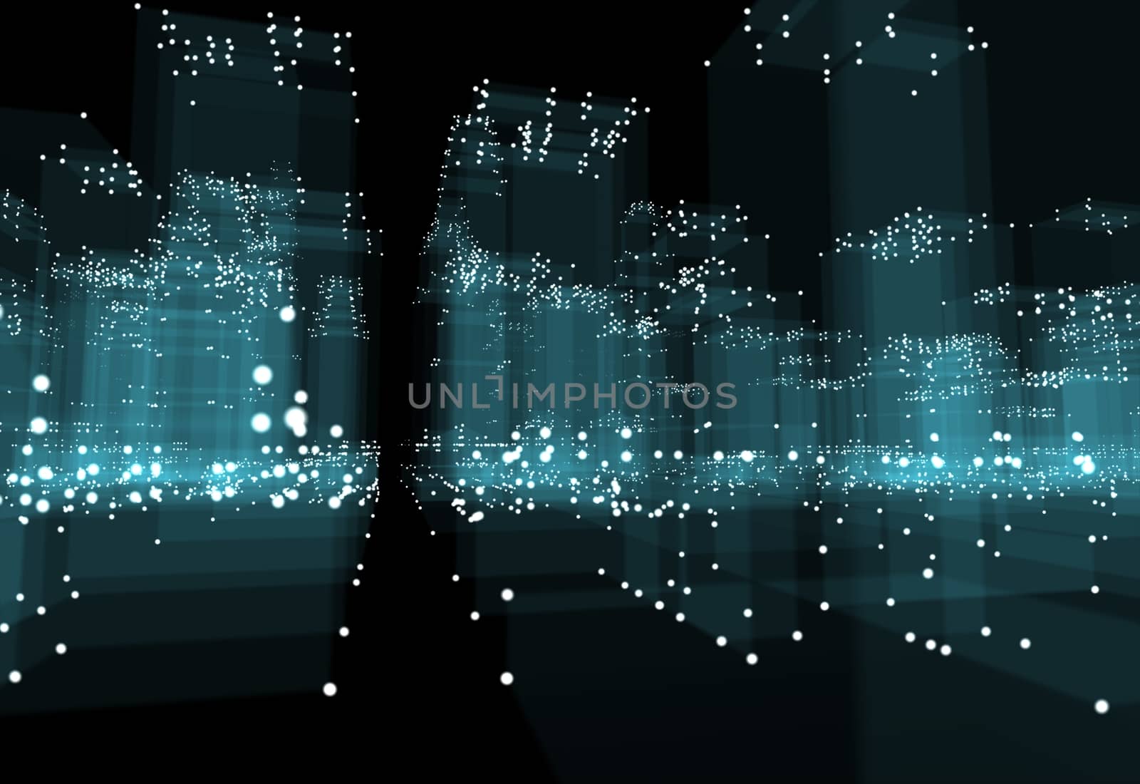 Abstract 3d city with dots and blue buildings. Technology and connection concept. 3d illustration on black background