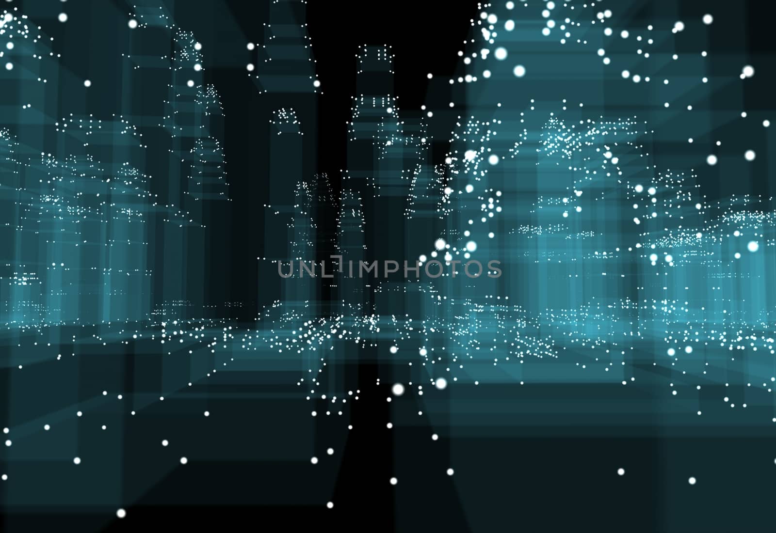 Abstract 3d city with dots and blue buildings. Technology and connection concept. 3d illustration on black background