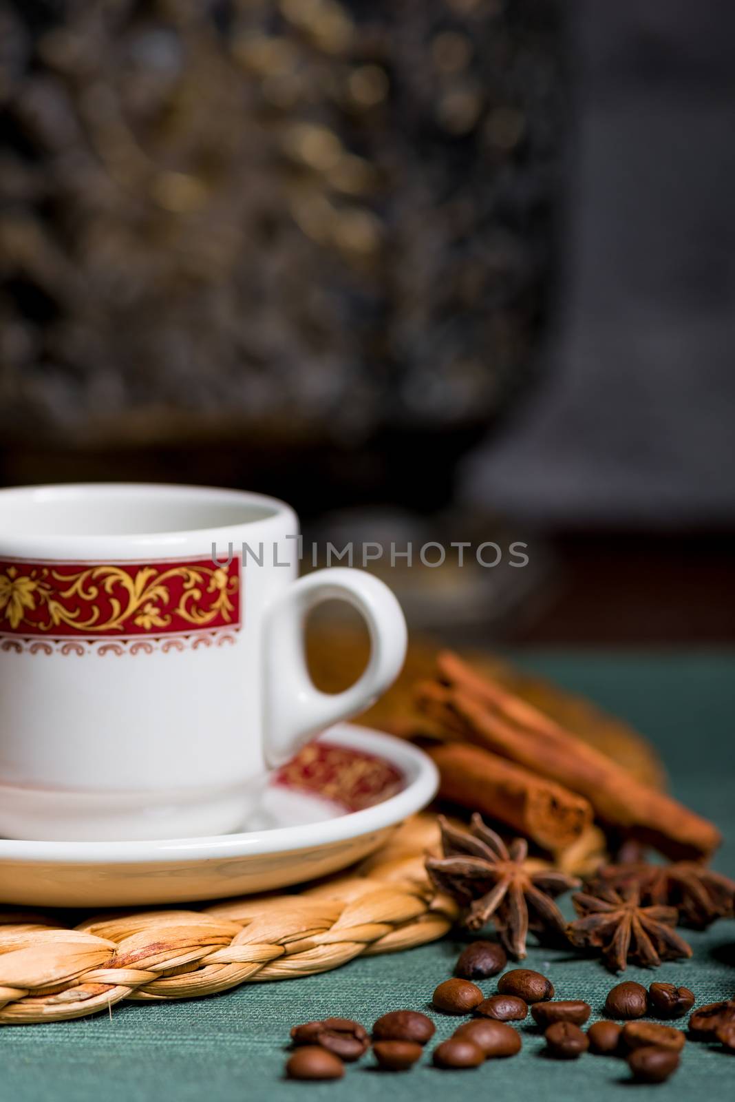 beautiful vertical still life a cup of coffee with spices