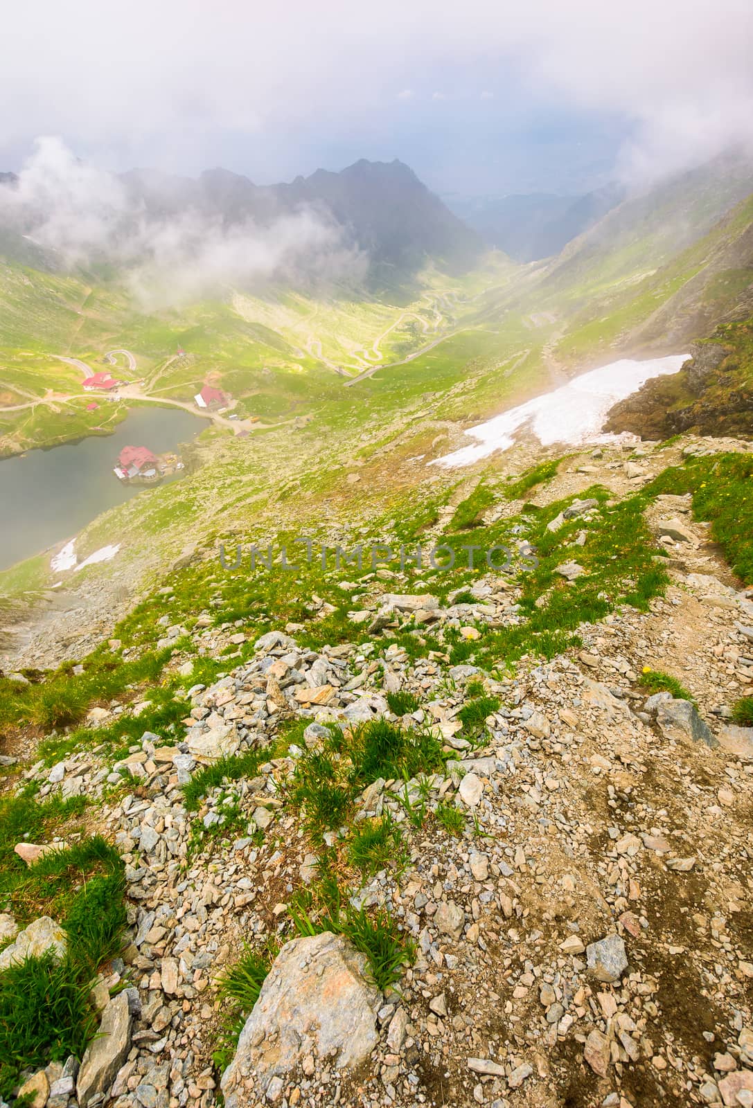 Balea lake in fog view from the top by Pellinni