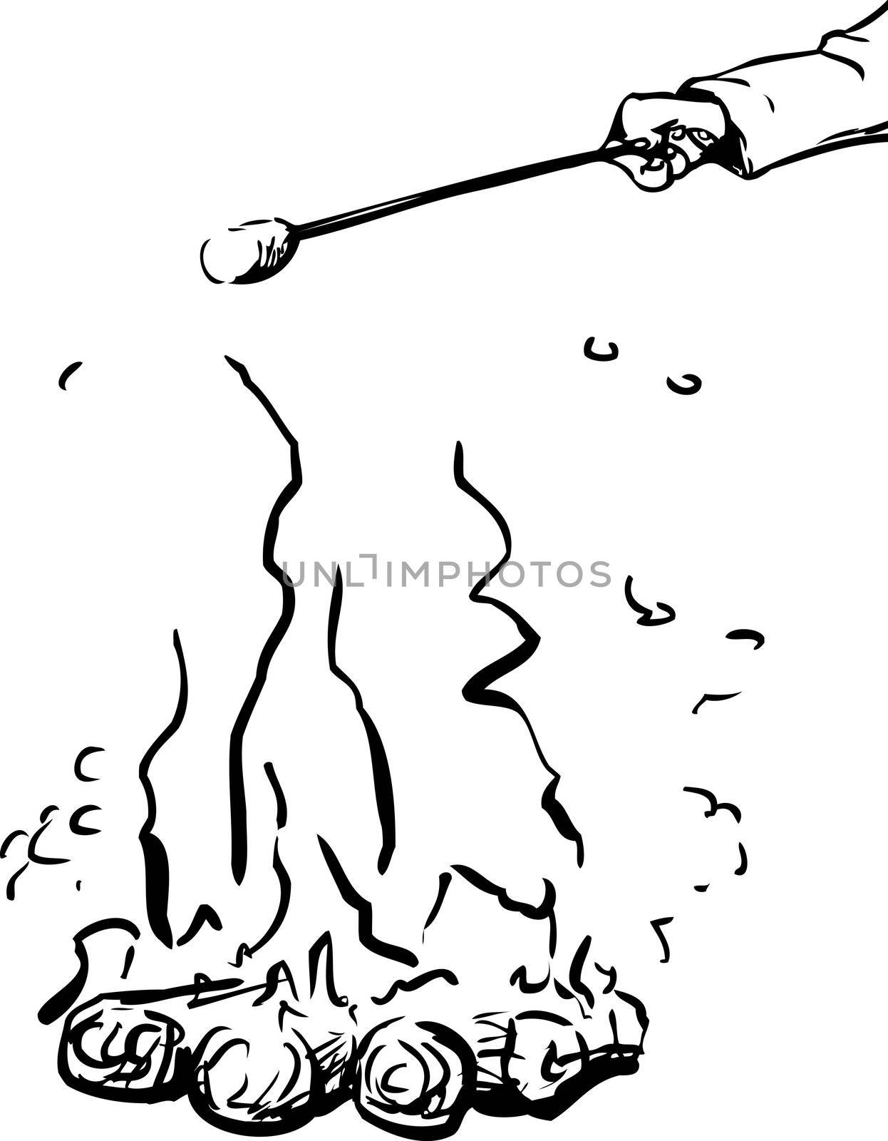 Illustration outline of hand holding marshmallow stick over single burning hot campfire