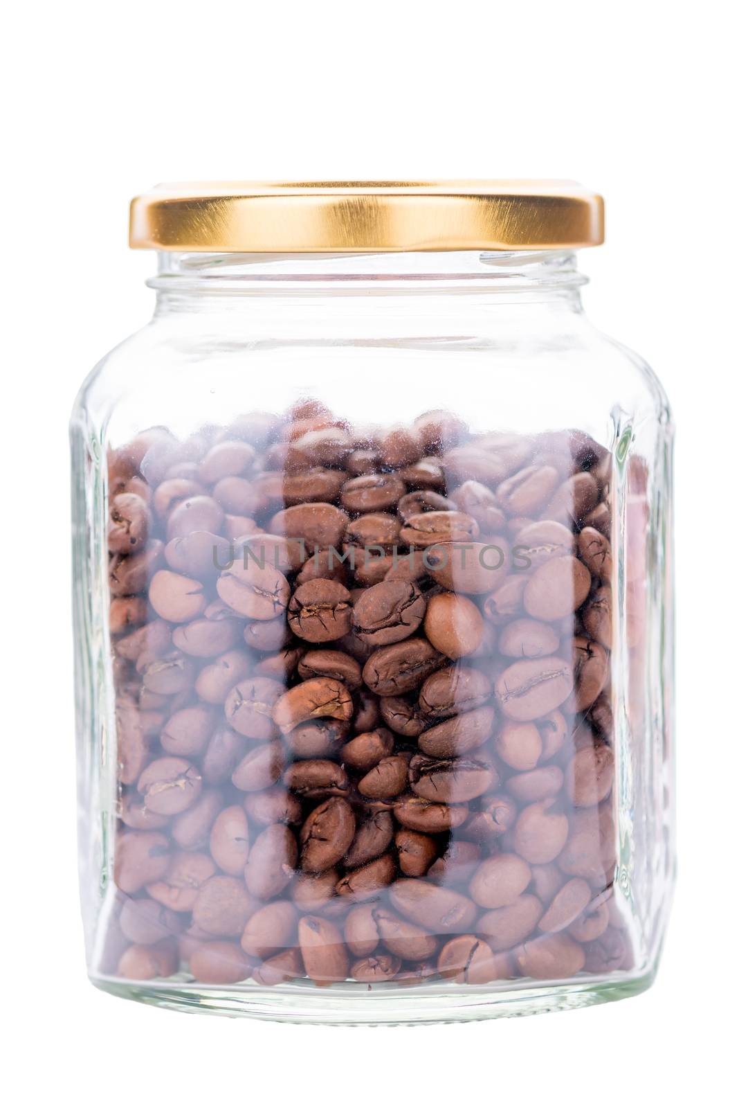 big glass jar with coffee seeds on white background isolated