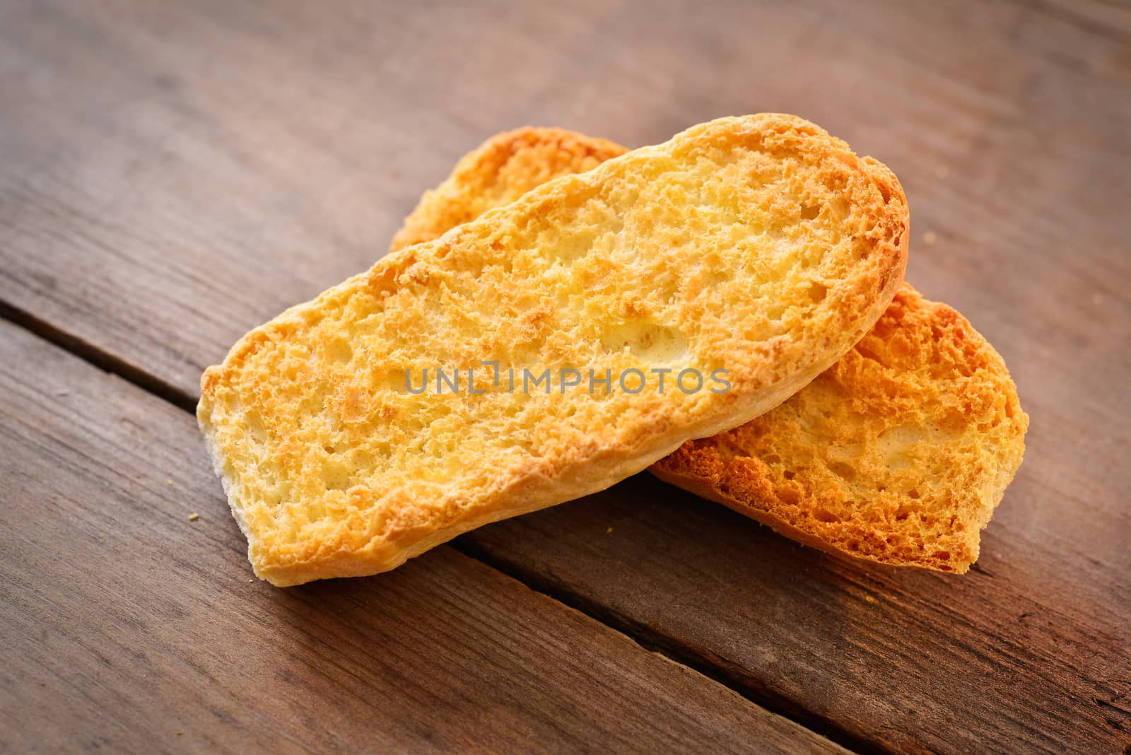 rye bread croutons on a wooden table