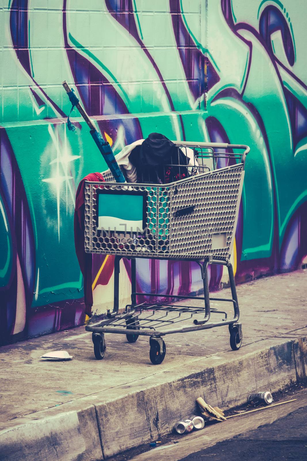 A Shooping Cart Used By A Homeless Person In San Francisco, USA