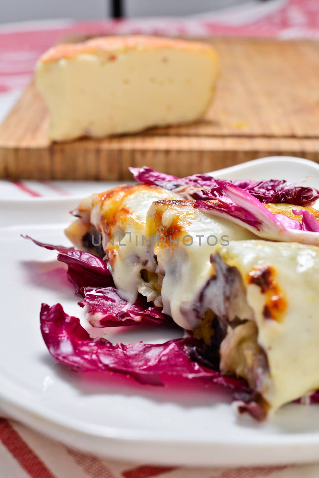 Italian cuisine. Cannelloni with radicchio and Taleggio cheese fondue