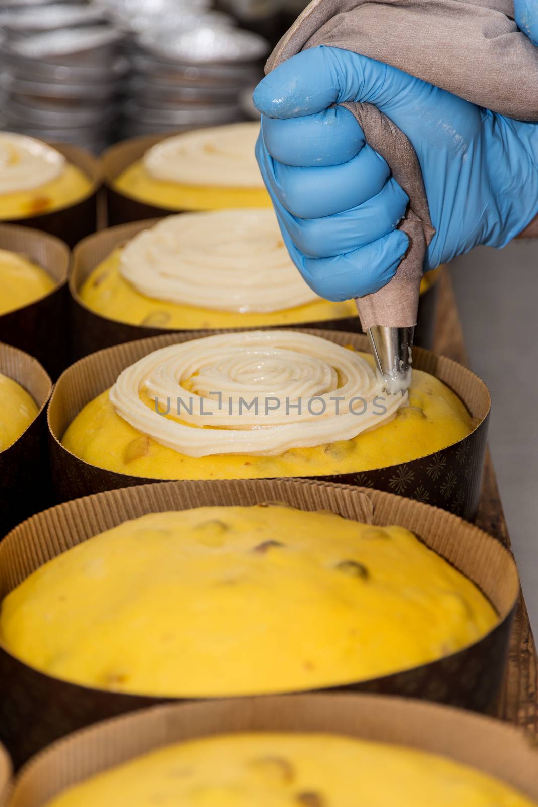 Pastry chef drops sugar icing on a panettone