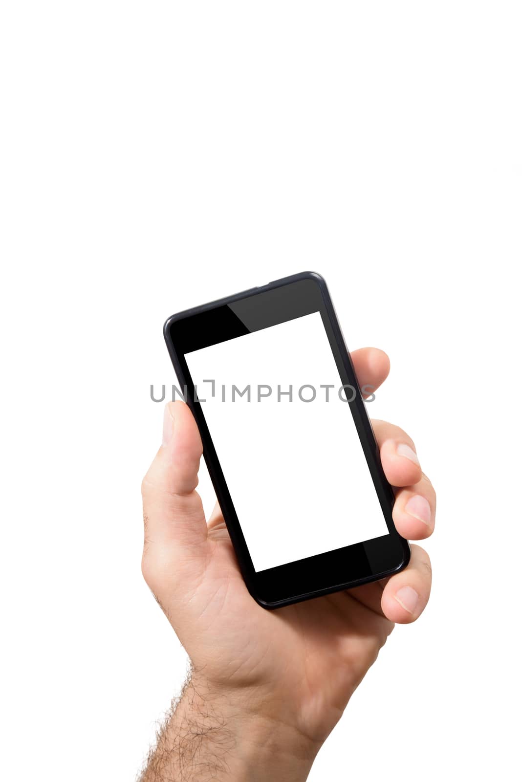 hand of man is holding mobile smartphone with touch screen empty. Subject isolated on a white background