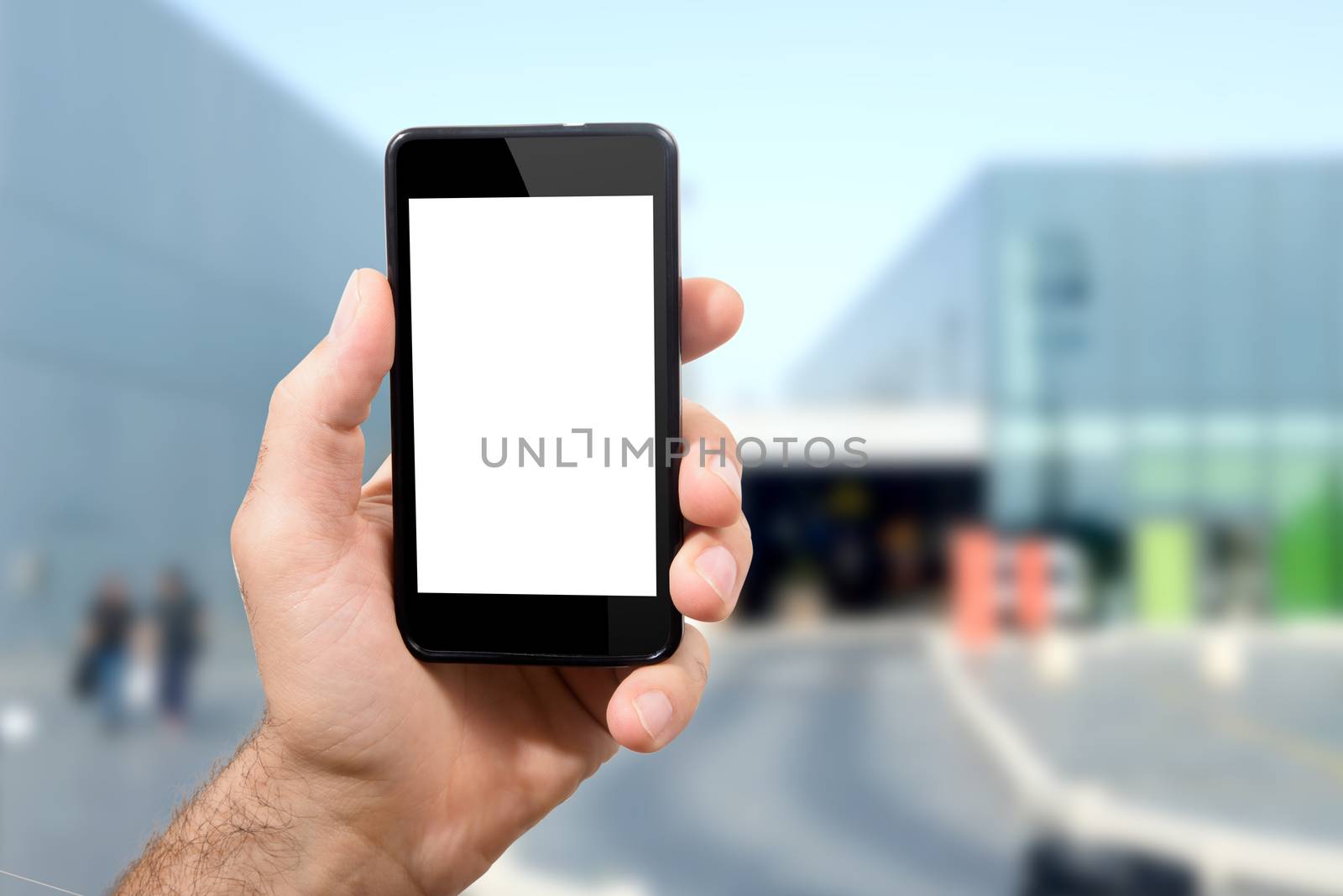 hand of man is in possession of mobile smartphone with touch screen which incorporates a qr code with your camera