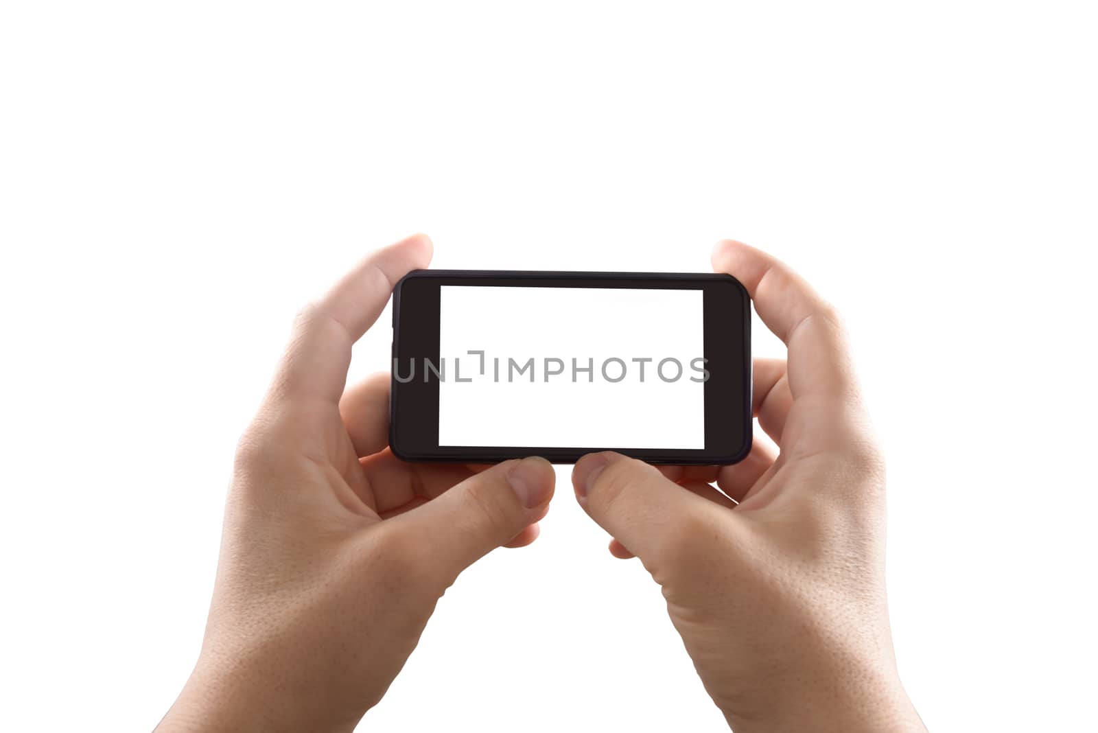 hand of man is holding mobile smartphone with touch screen empty. Subject isolated on a white background