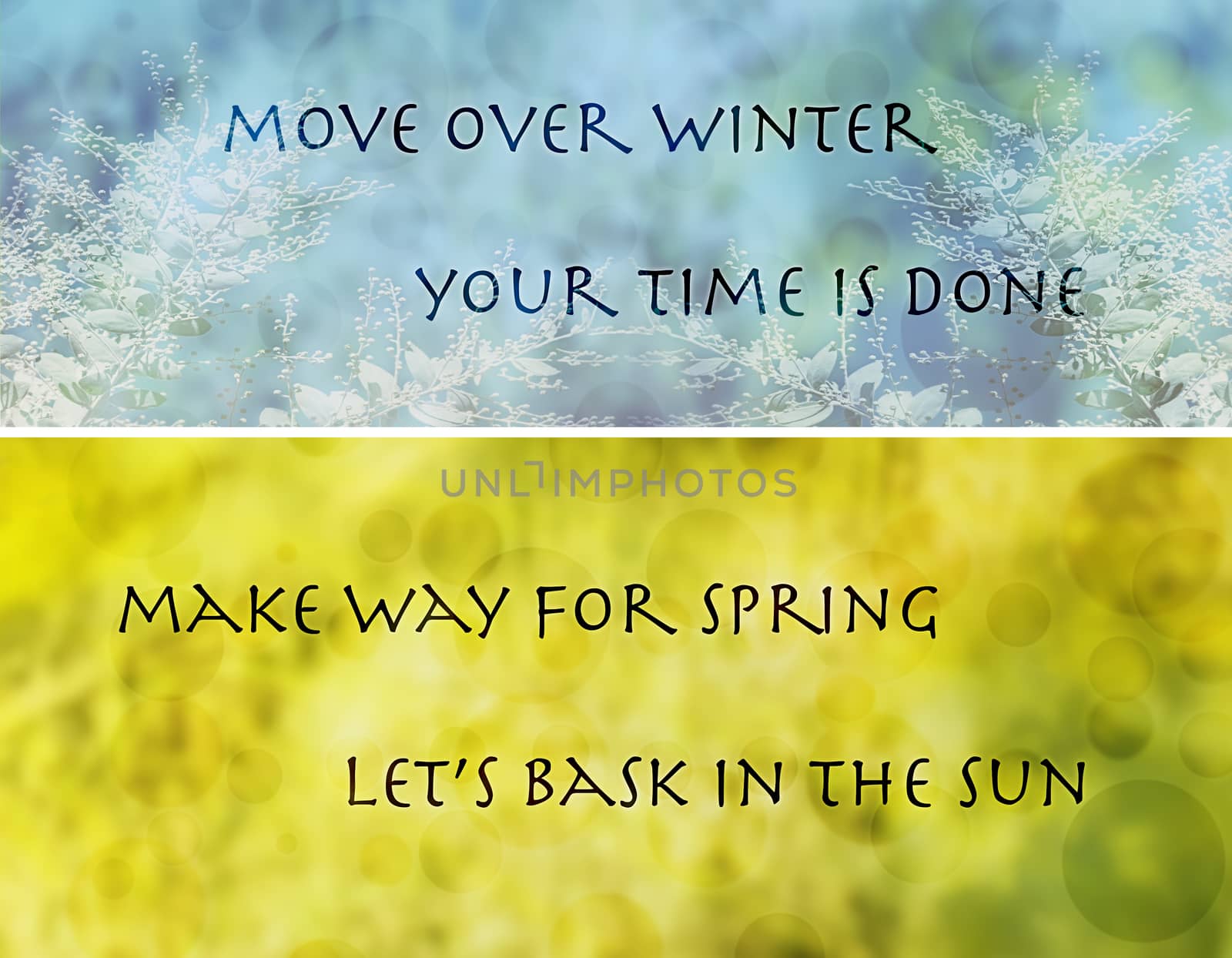Seasonal change from winter to spring banner with words move over winter make way for spring in text