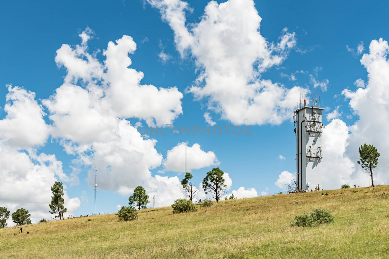 A microwave and other telecommunications towers on a mountain overlooking Ficksburg in the Free State Province
