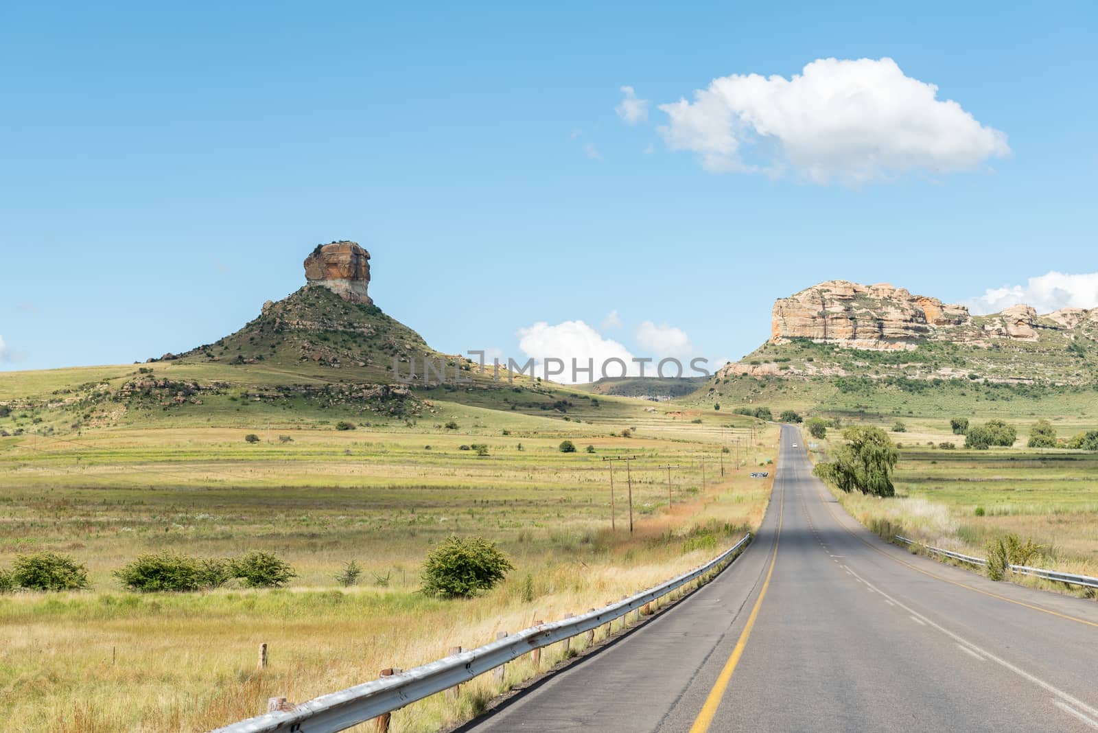Typical sandstone hill landscape along the R711-road between Fouriesburg and Clarens in the Free State Province of South Africa