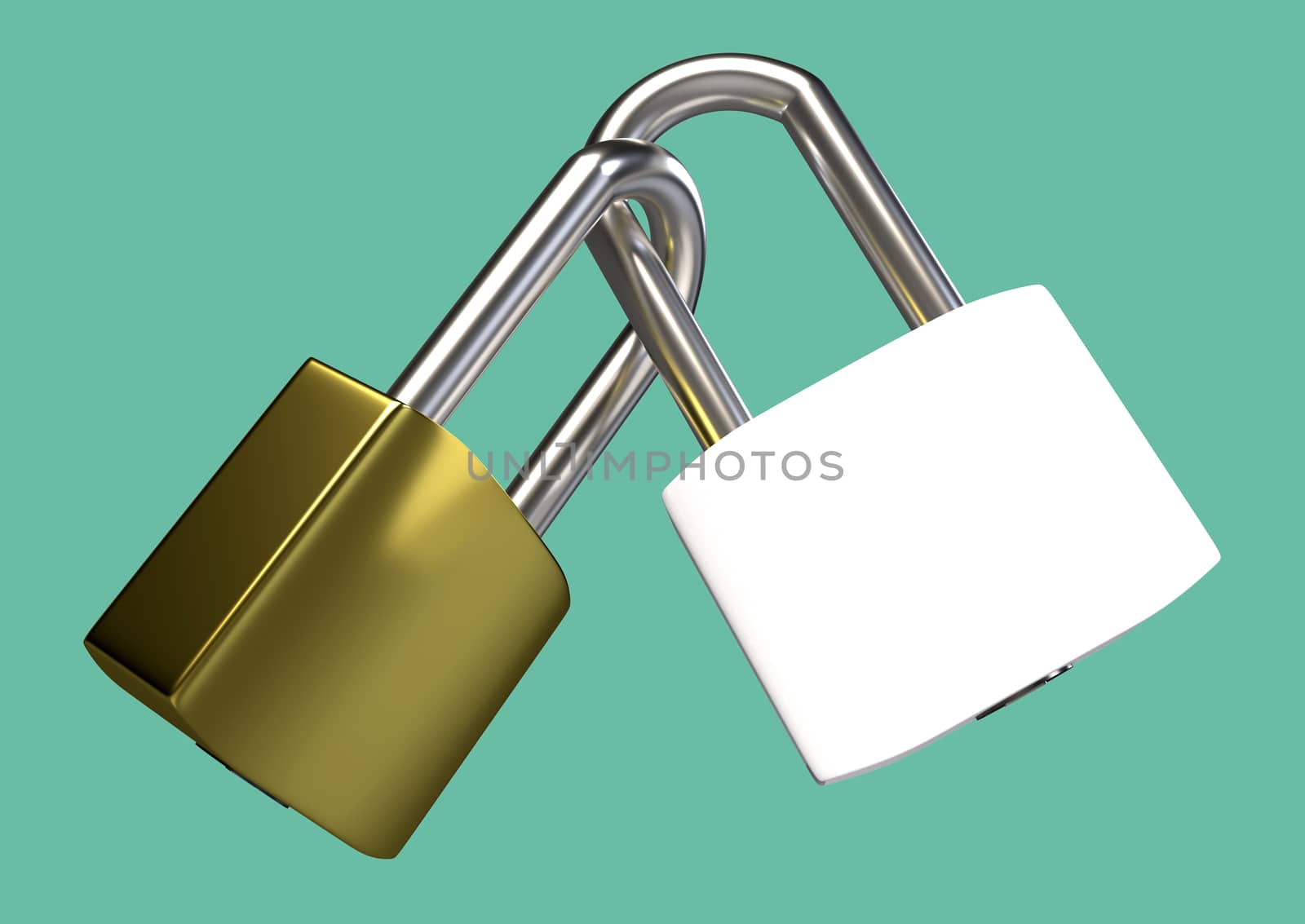 Two locked padlocks. 3D rendering by Nobilior