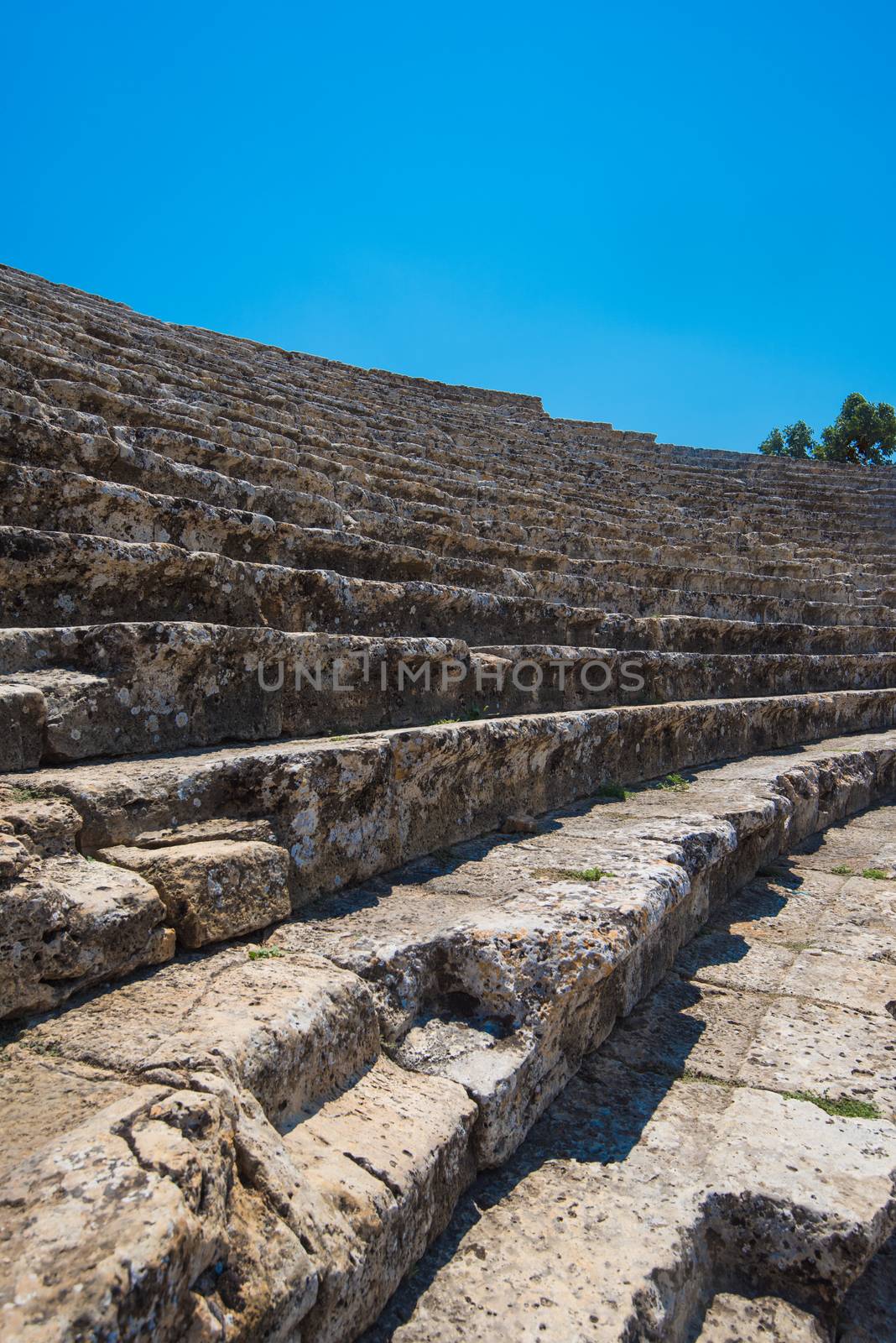 Roman amphitheatre in the ruins of Hierapolis, in Pamukkale, near modern turkey city Denizli, Turkey.