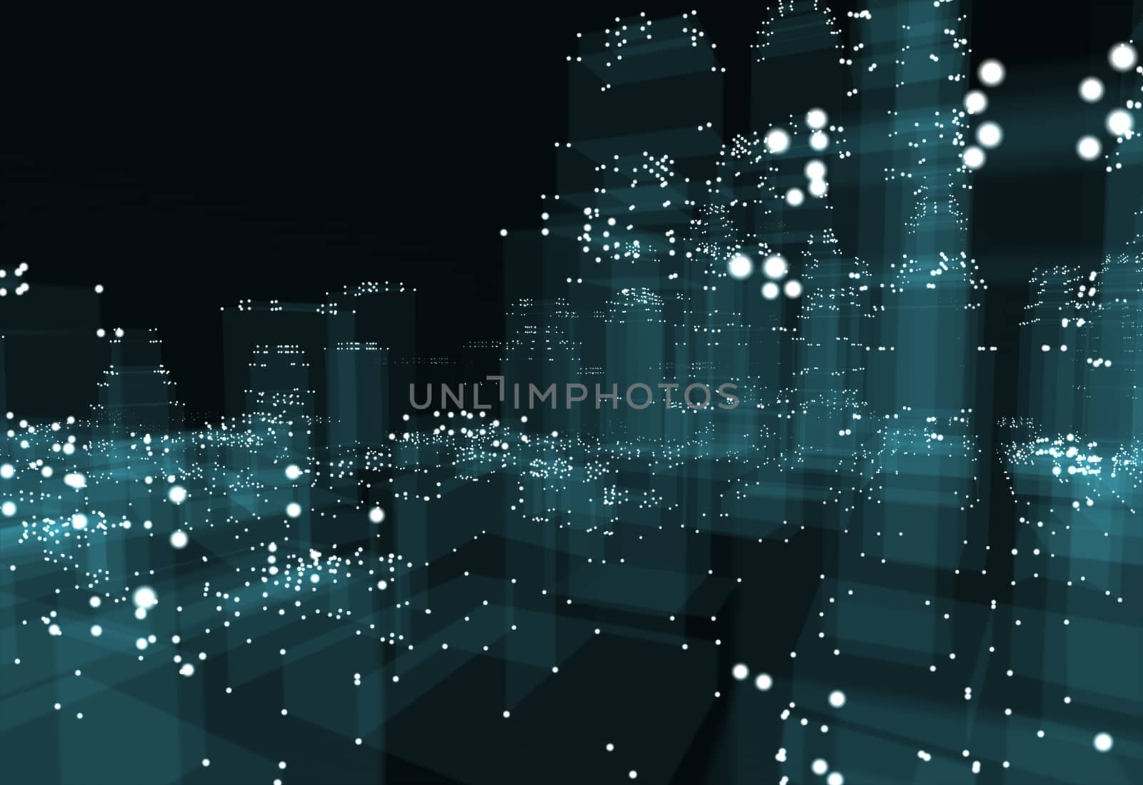 Abstract 3d city with dots and blue buildings. Technology and connection concept. 3d illustration on black background