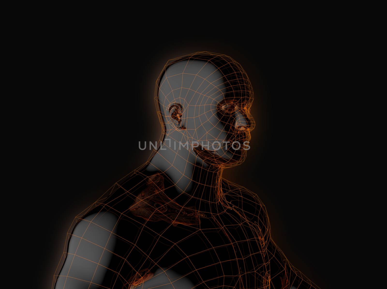 Black plastic robot with a glowing frame shell. The concept of new technologies. 3d illustration on a black background