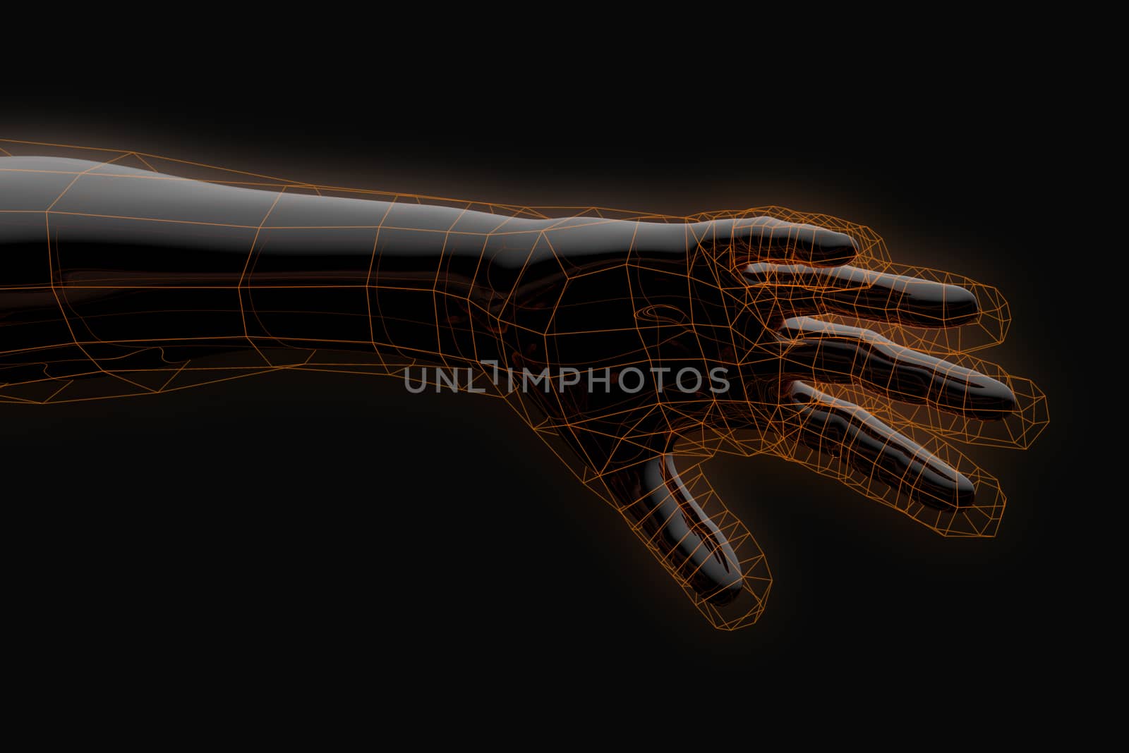 Black plastic robot hand with a glowing frame shell. The concept of new technologies. 3d illustration on a black background