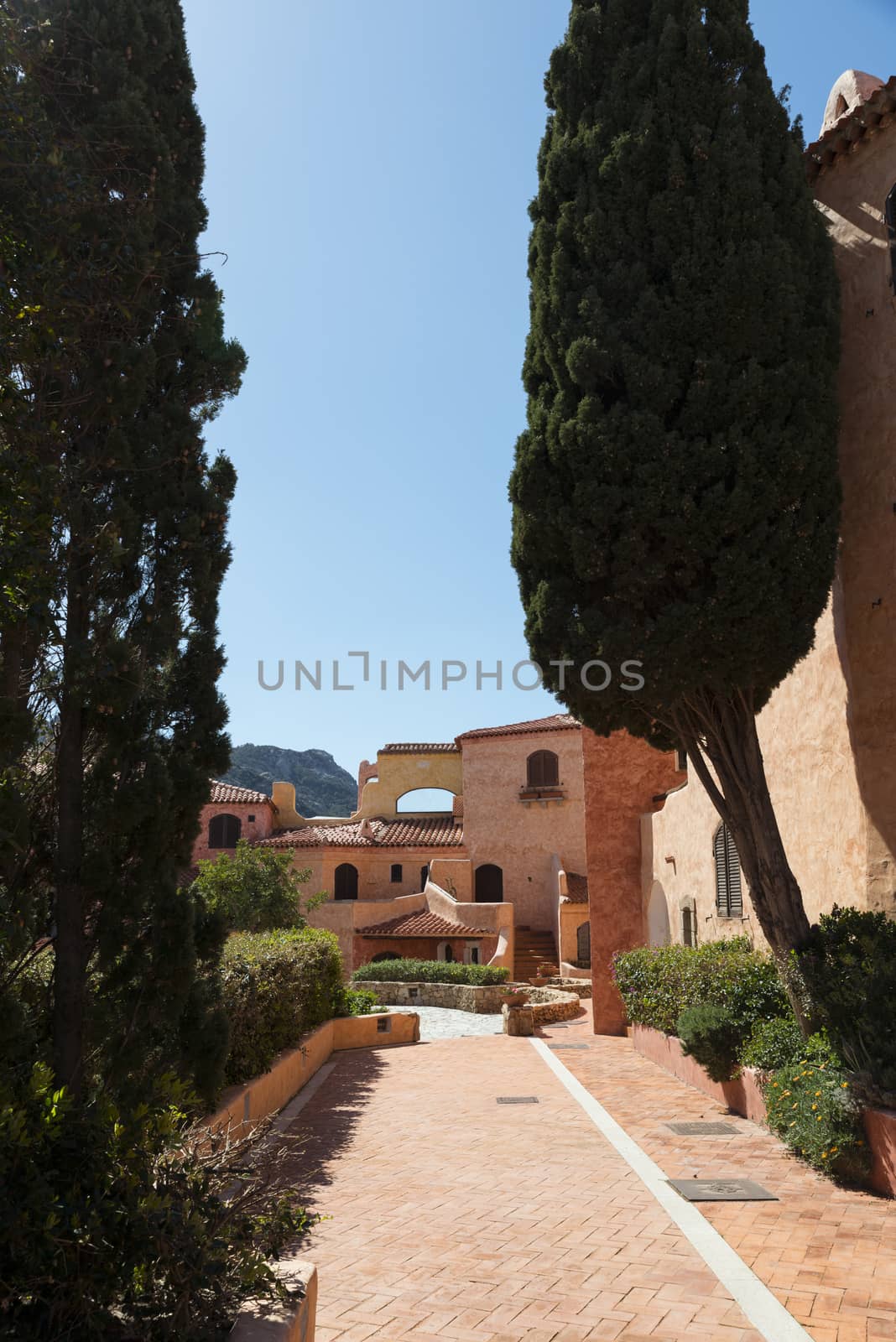 typical italian architecture in the centre of Porto Cervo on the italian island of sardinia, the place where in the summer the rich and famous travel for their exclusive vacation