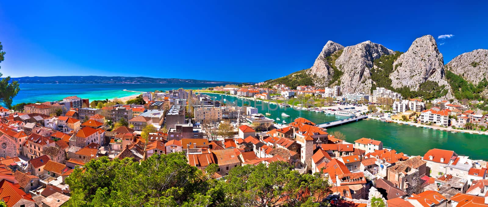 Town of Omis and Cetina river mouth panoramic view, Dalmatia region of Croatia