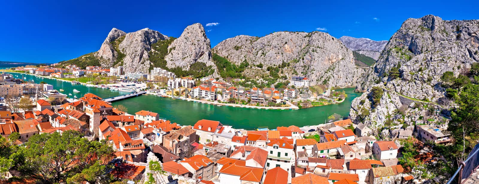 Town of Omis and Cetina river mouth panoramic view, Dalmatia region of Croatia