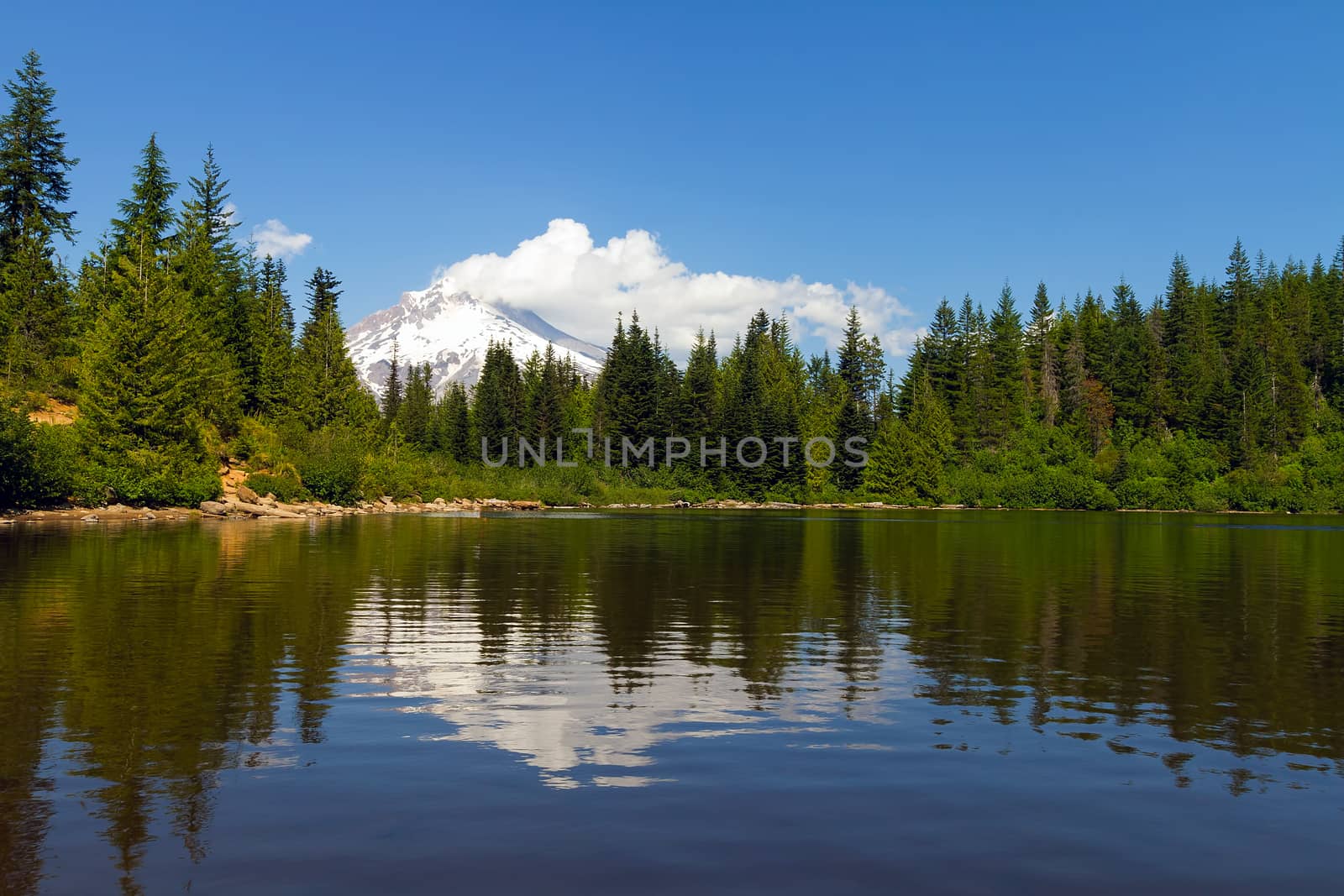 Mount Hood reflection on Mirror Lake on a blue sky day in Oregon