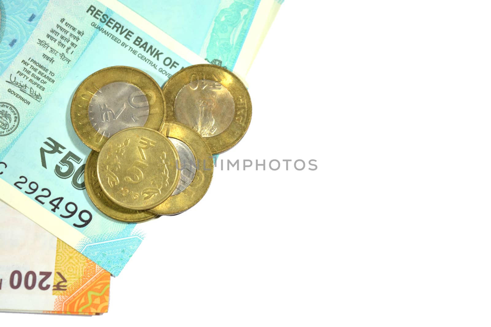 New Indian 50 and 200 rupees with 10 rupees coin on white isolated background.