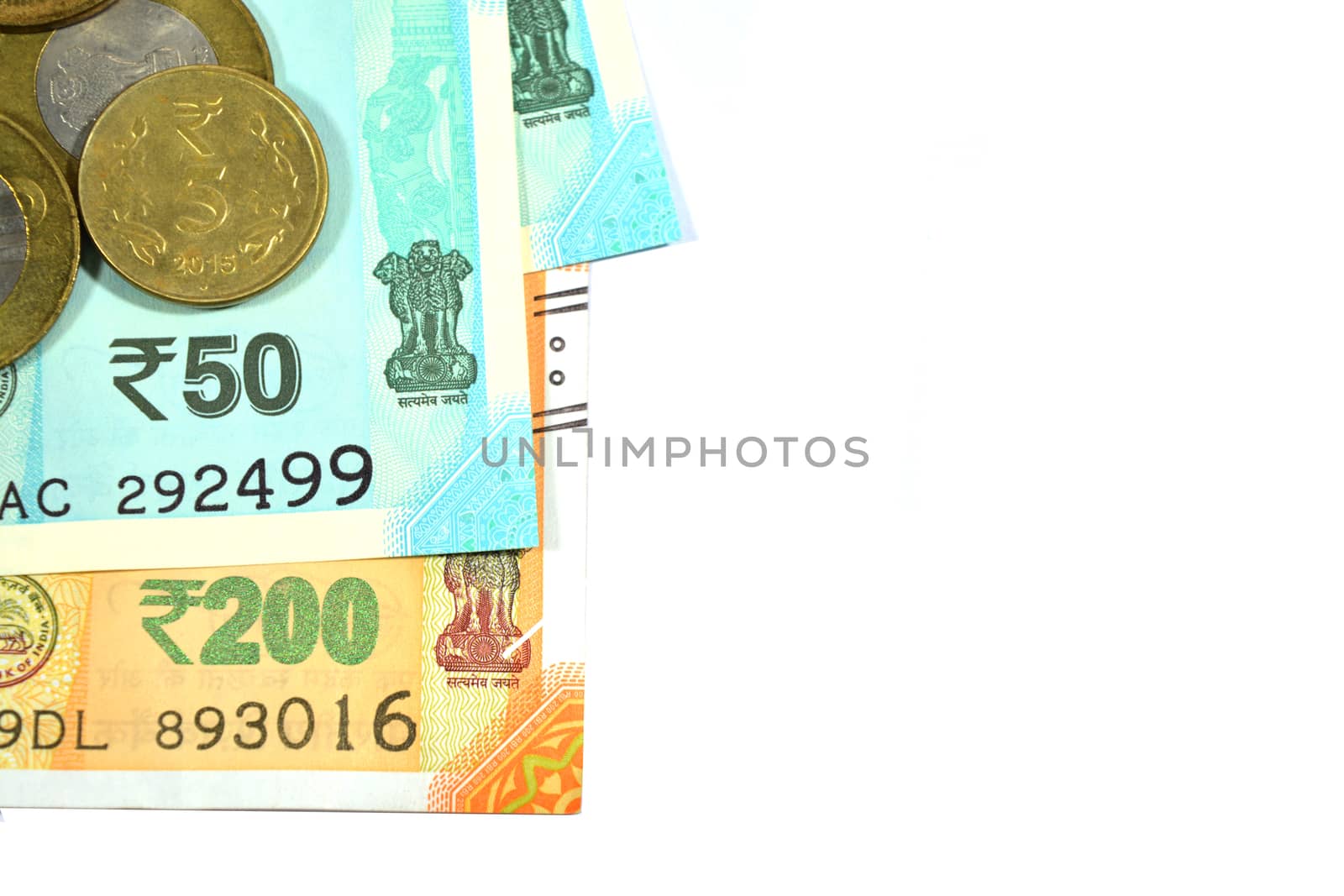 New Indian 50 and 200 rupees with 10 rupees coin on white isolated background.