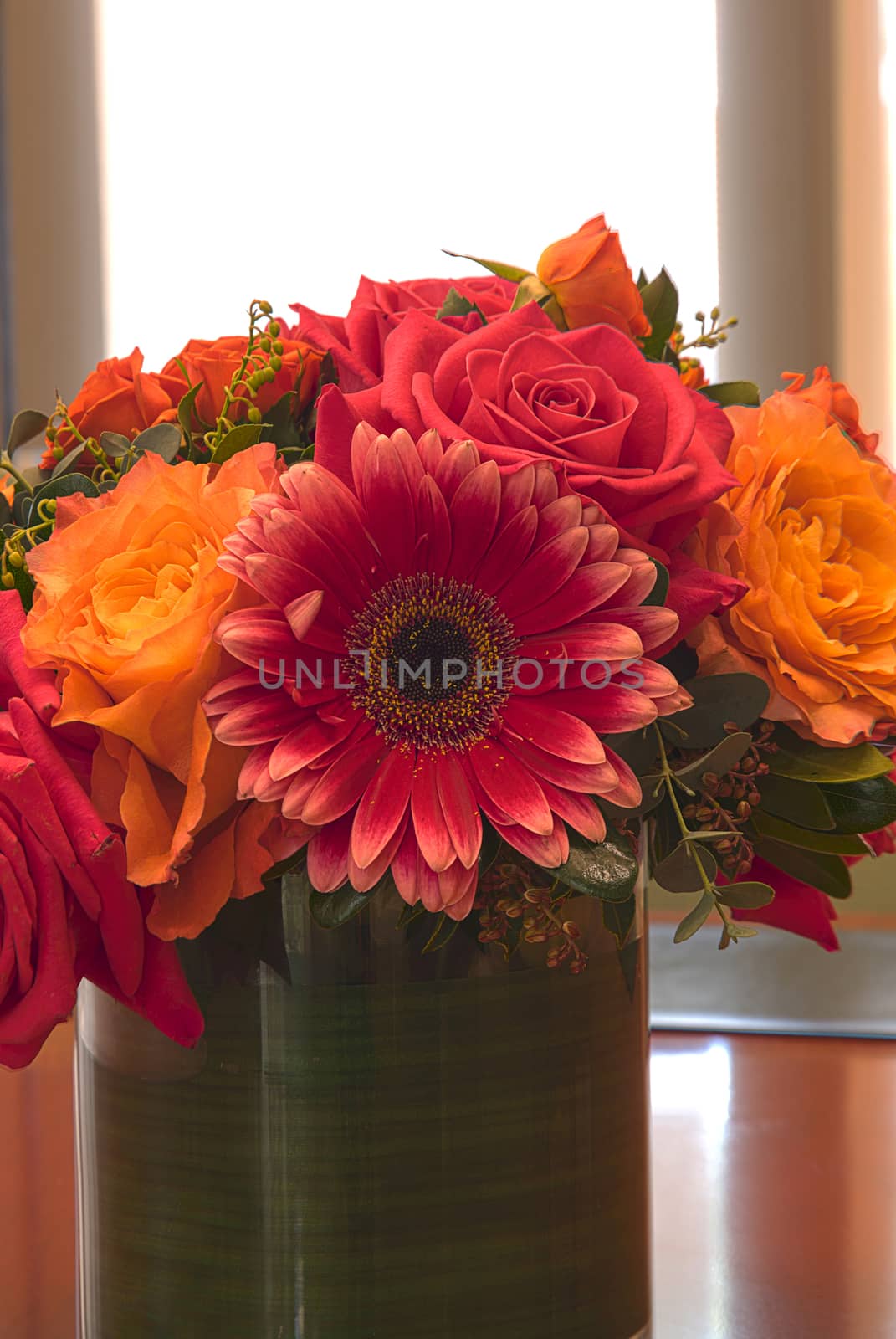 Orange and pink rose and daisy flowers by steffstarr
