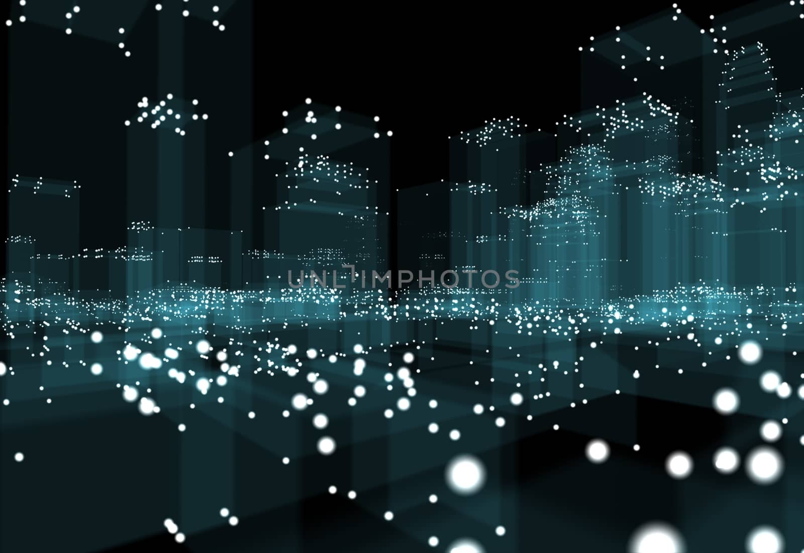 Abstract 3d city with dots and blue buildings. Technology and connection concept. 3d illustration on black background