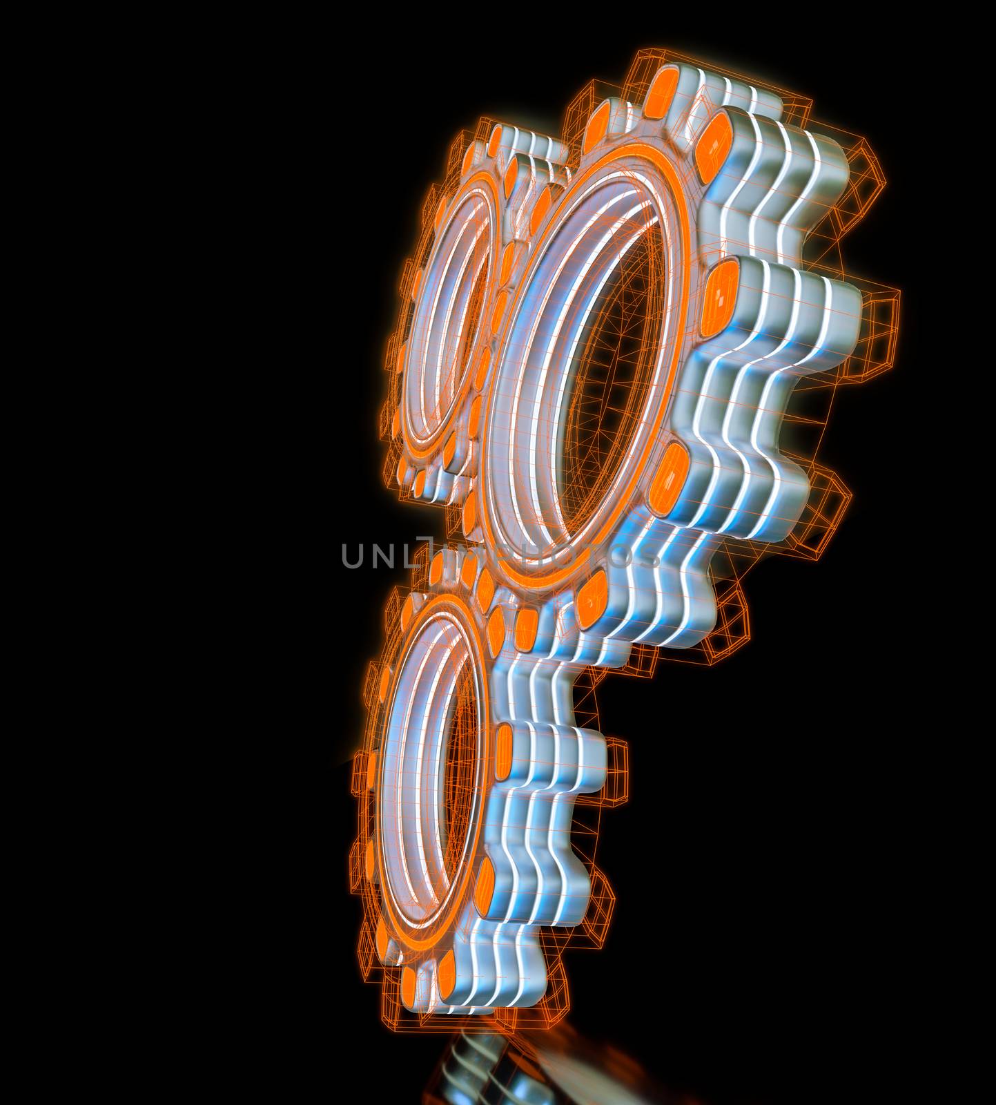 Glowing three digital gears. The concept of new technologies and teamwork. 3d illustration on a black background with reflections