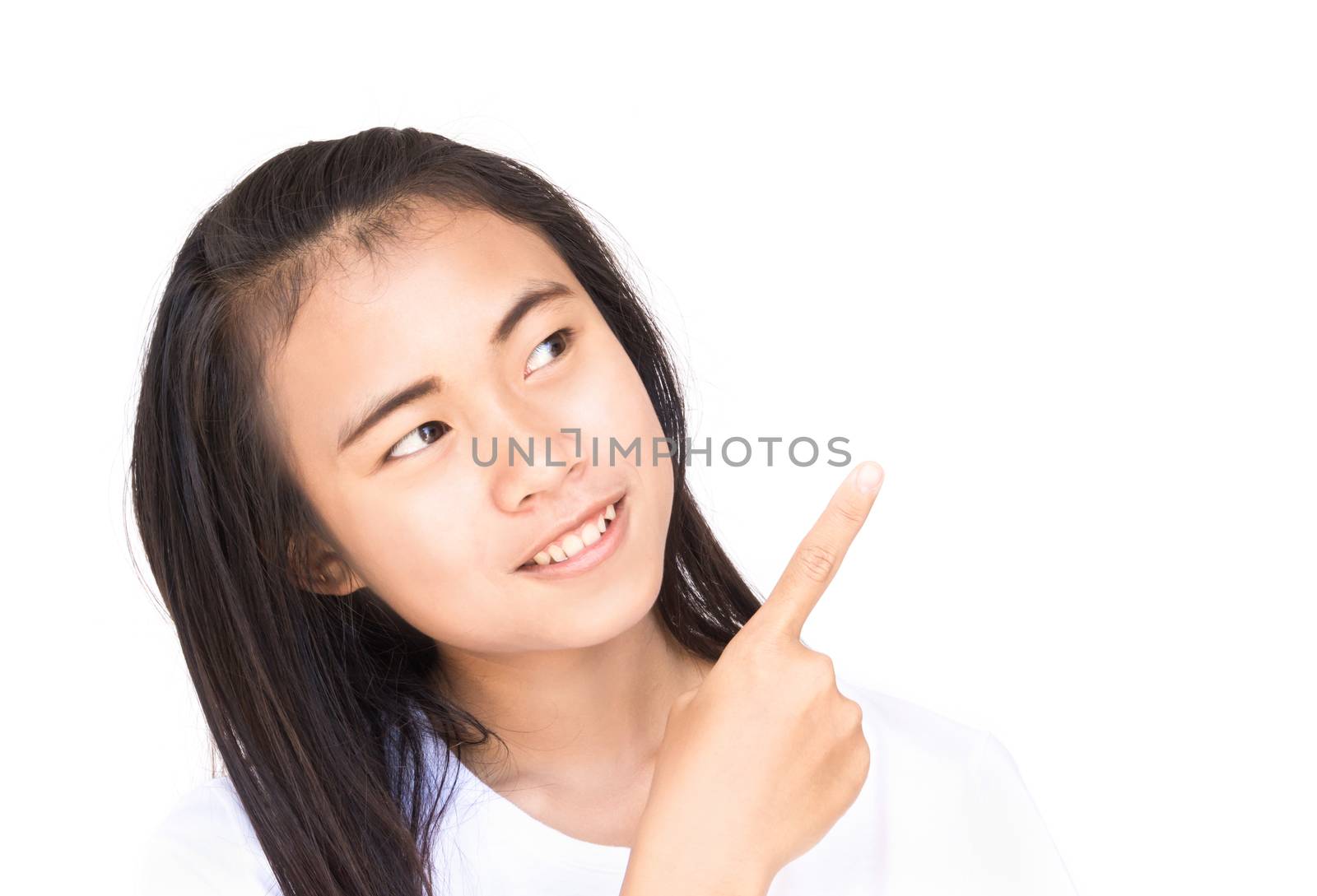 Young asian woman pointing finger to side for present text adver by pt.pongsak@gmail.com