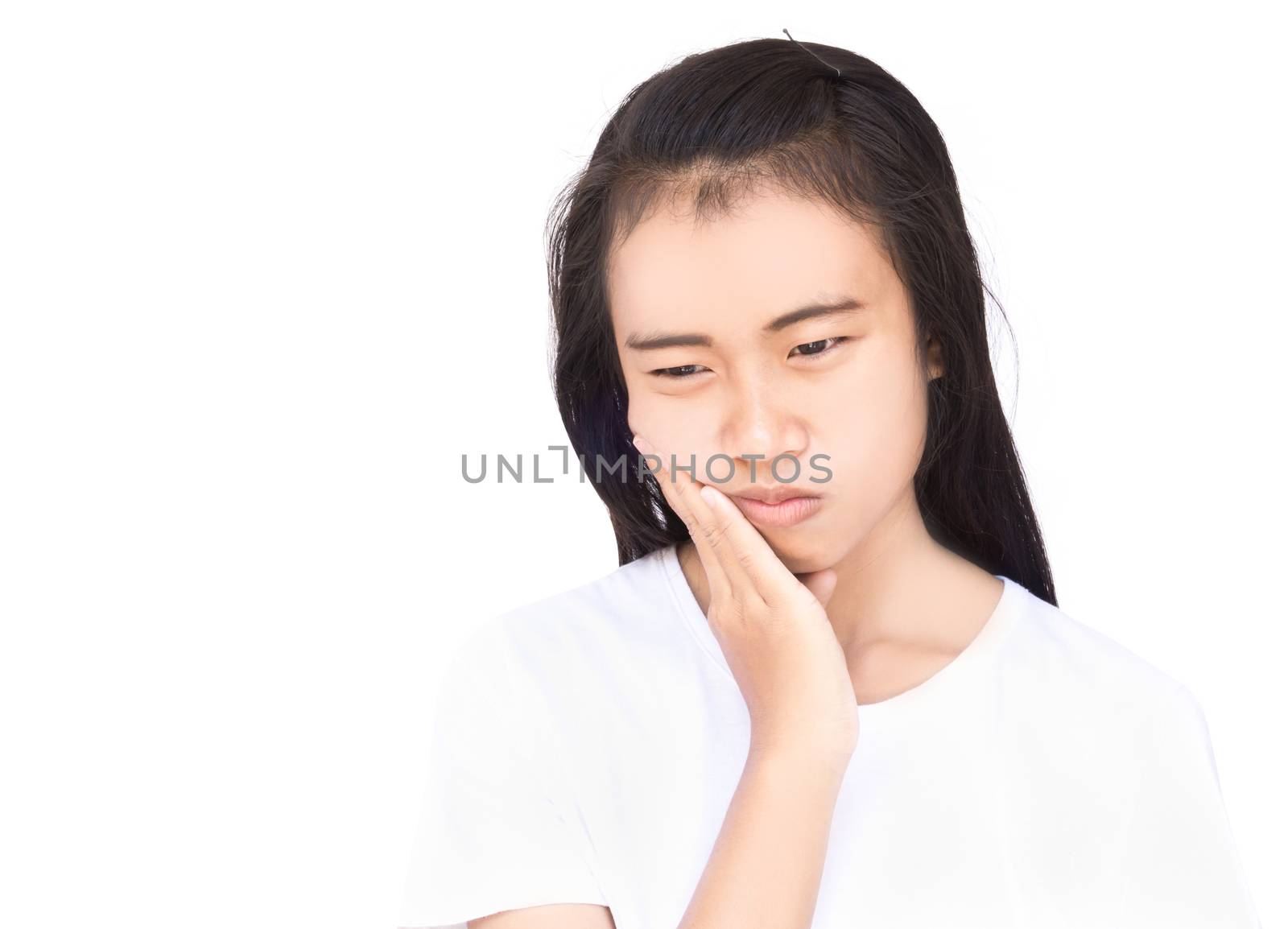 Closeup woman toothache with white background, health care and medical concept