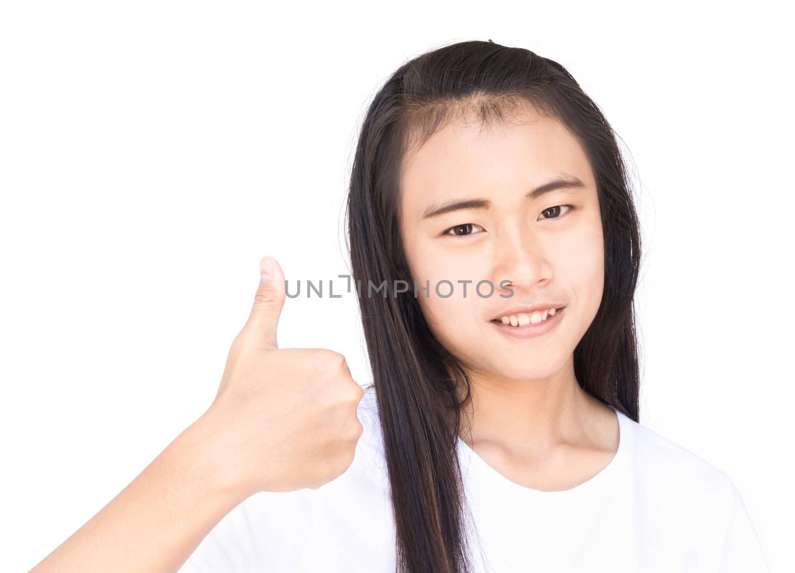 Closeup asian young woman showing thumbs up with white background, copy space for text advertise concept