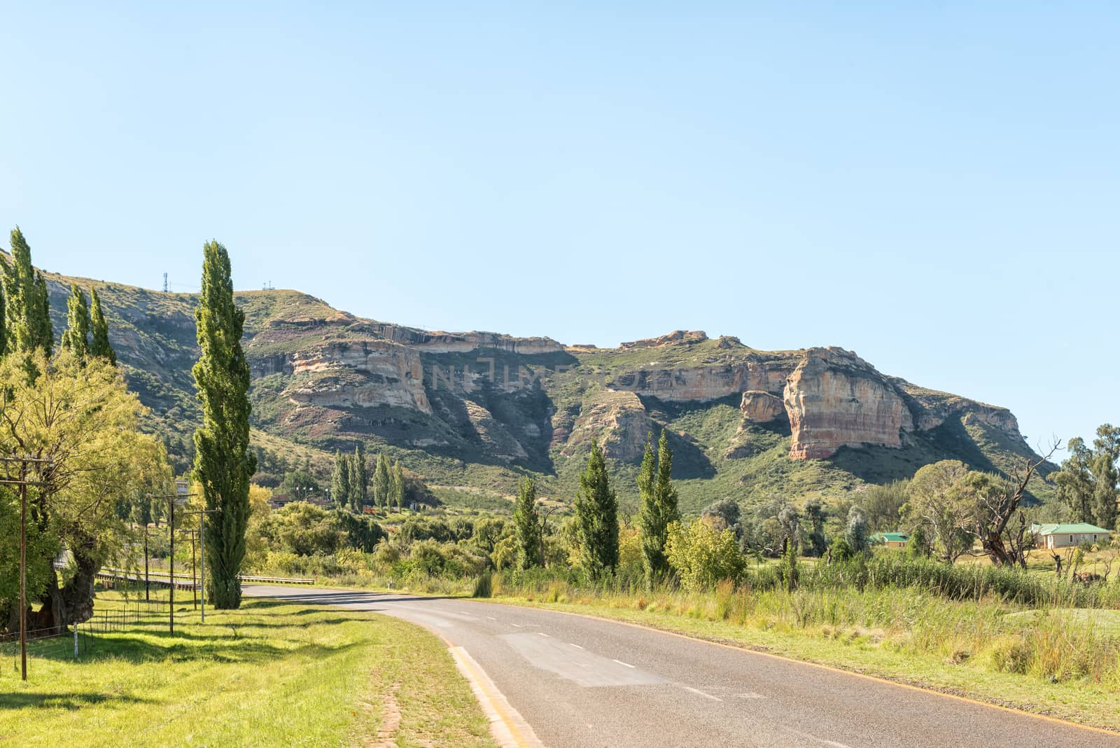 The landscape to the North of Clarens in the Free State Province of South Africa. The Titanic Rock is to the right