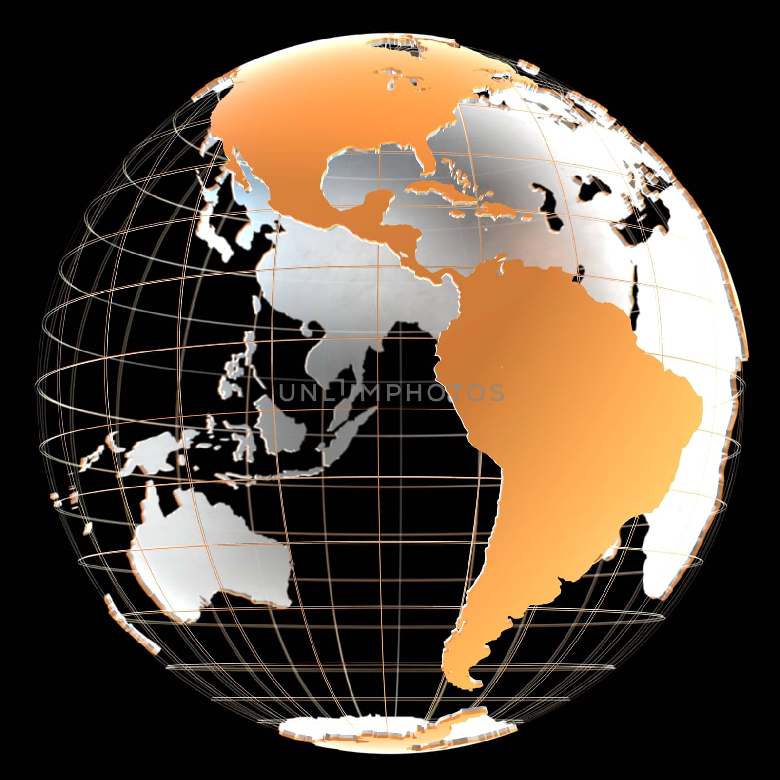 3d globe with continents and meridian lines. Orange and metallic colors. 3d illustration on a black background