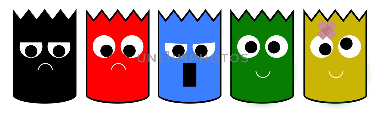 Illustration with colorful heads looking funny, angry and stupid