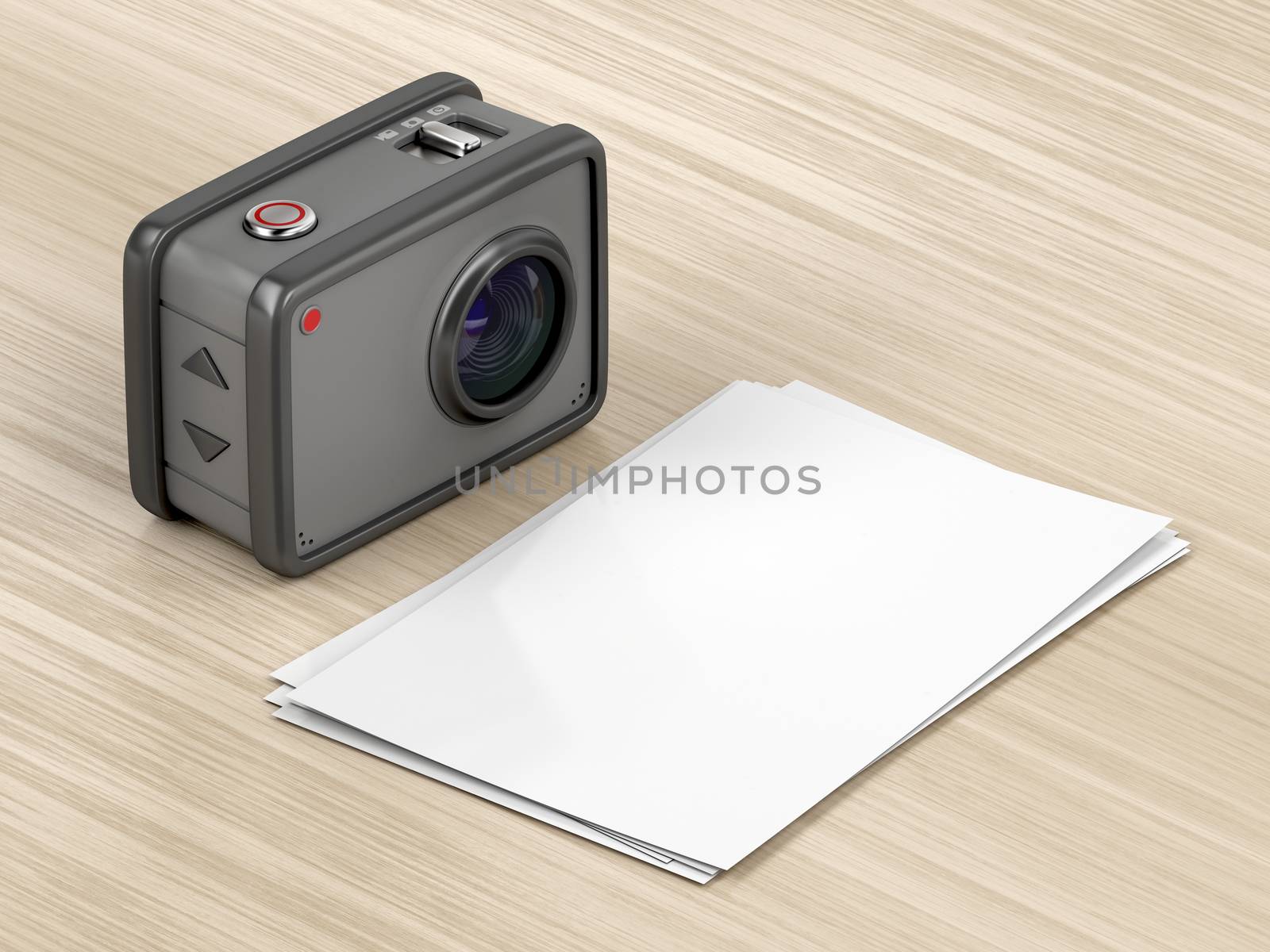 Digital camera and blank photos on the wood table