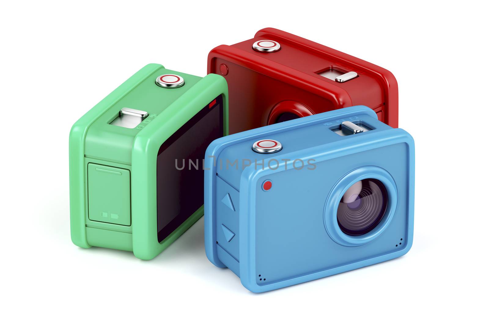 Three action cameras with different colors on white background