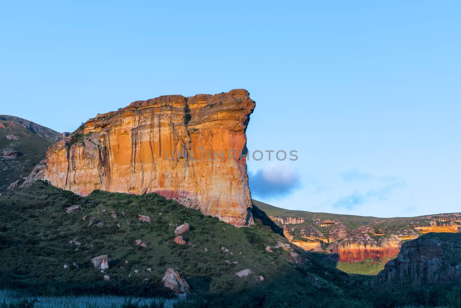 The Brandwag (sentinel), a sandstone cliff during sunset at Golden Gate in the Free State Province of South Africa