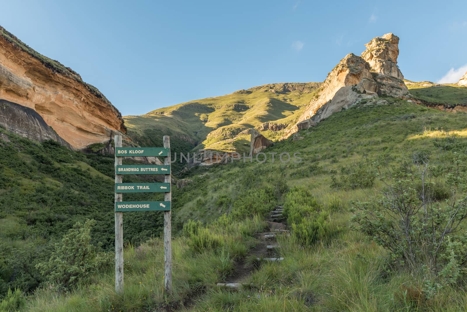 A trail and directional sign in the mountains at Golden Gate in the Free State Province of South Africa