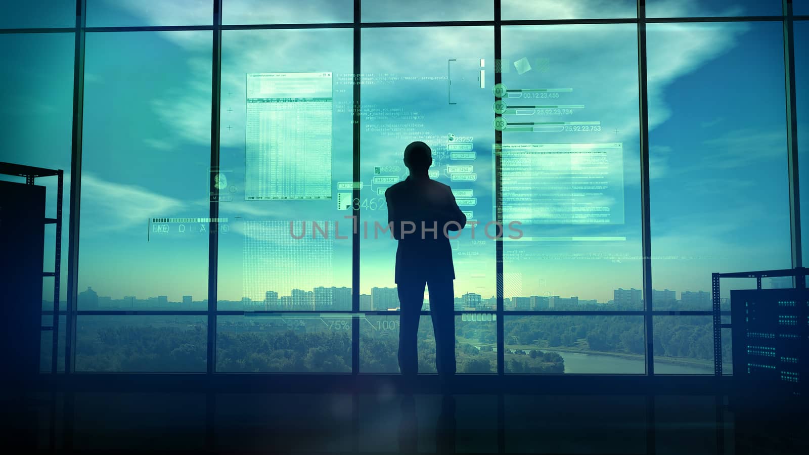 A man's silhouette stands in a huge study and a computer code unfolds in front of him.