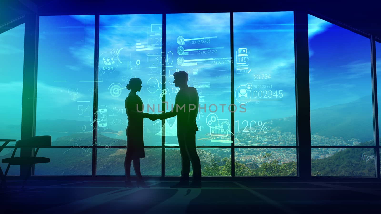 The silhouettes of a man and a woman shake hands in the office on the background of business infographics.