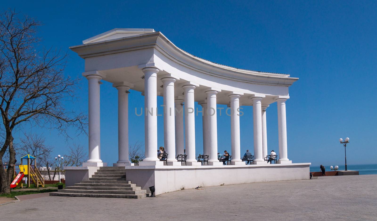 CHERNOMORSK, UKRAINE - 05.01.2017. Colonnade in the city of Chernomorsk, formerly Illichevsk, the city in the Odessakaya oblast, province of south-western Ukraine.