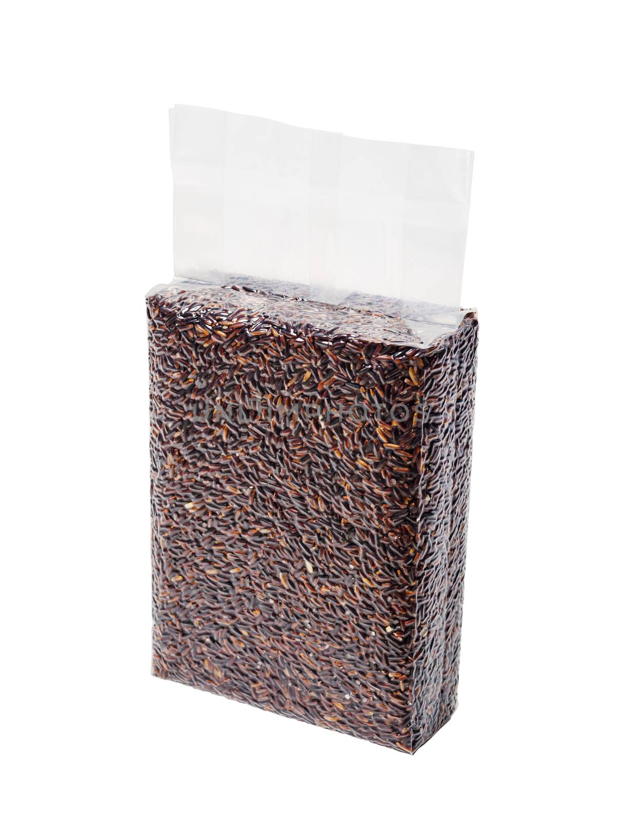 Rice jasmine berry rice in small plastic bag isolated on white background, Save clipping path.