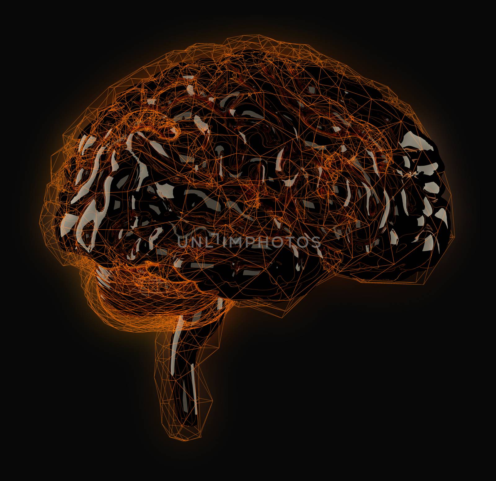 Three-dimensional model of a digital brain of black color in a luminous frame shell. 3d illustration on a black background