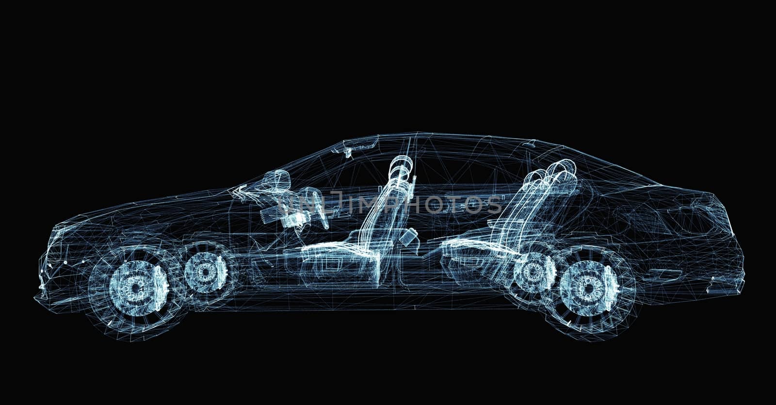 Abstract car consisting of luminous lines and dots. 3d illustration on a black background