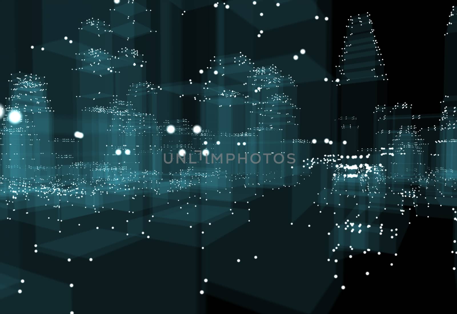 Abstract 3d city with dots and blue buildings. Technology and connection concept. 3d illustration on black background