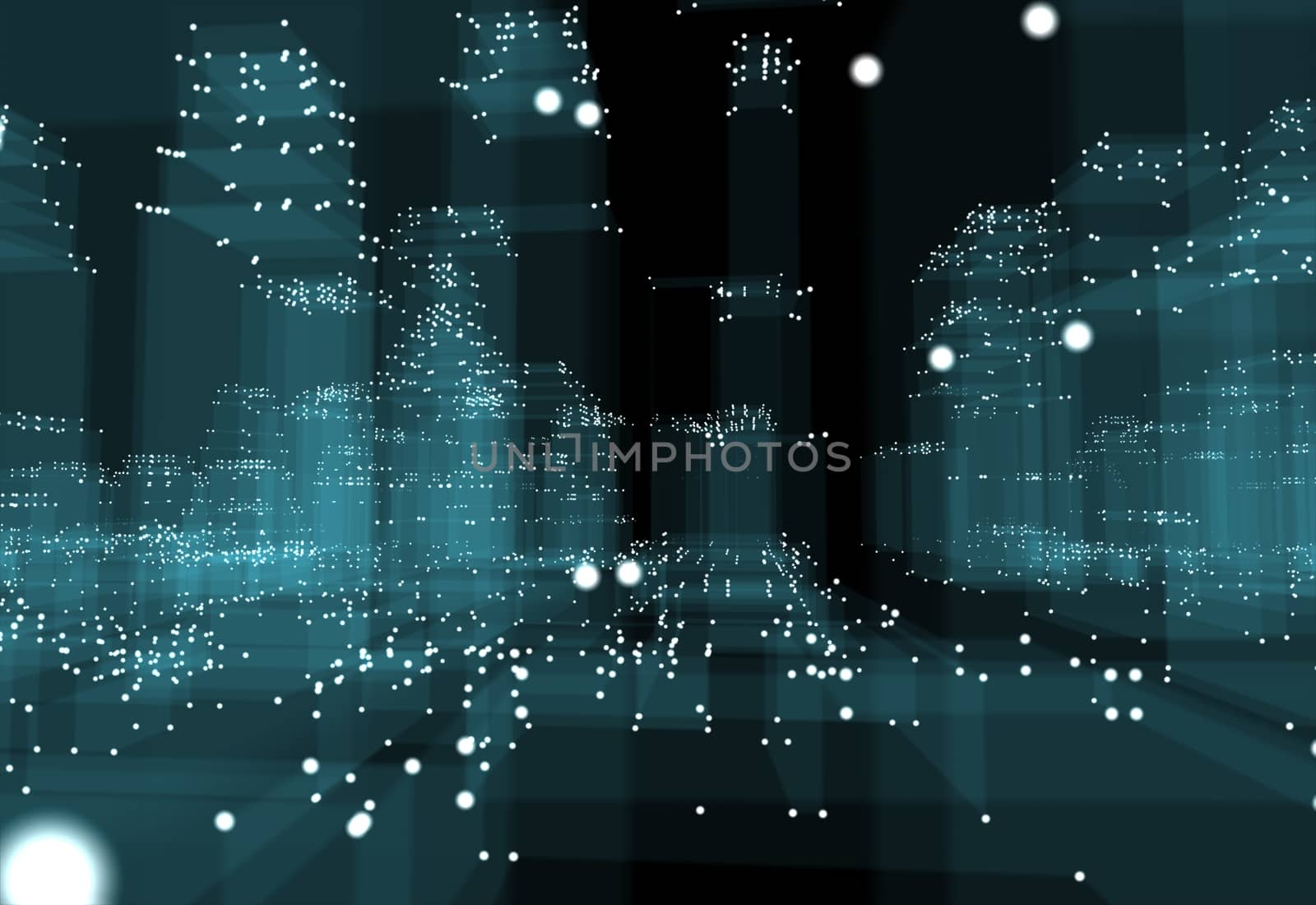 Abstract 3d city with dots and blue buildings. Technology and connection concept. 3d illustration on black background