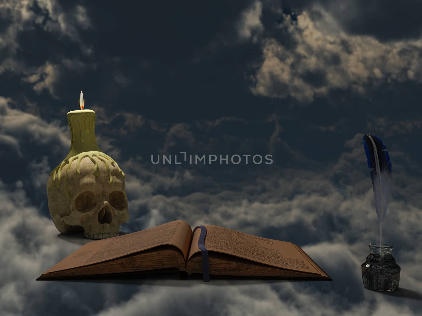 Vintage old book on cloud background with skull and ink pot by ankarb